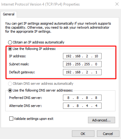 A IPv4 properties window with "use the following IP address" section highlighted and IP addresses added