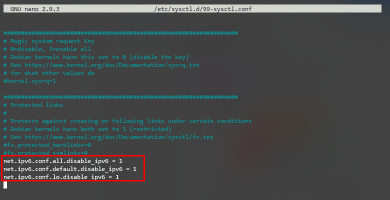 Terminal output with added  lines to 99-sysctl.conf file in order to disable IPv6