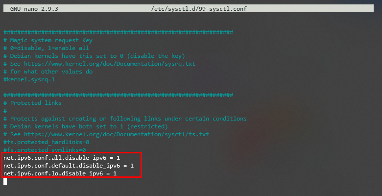 向 99-sysctl.conf 文件添加行以禁用 IPv6 的終端輸出