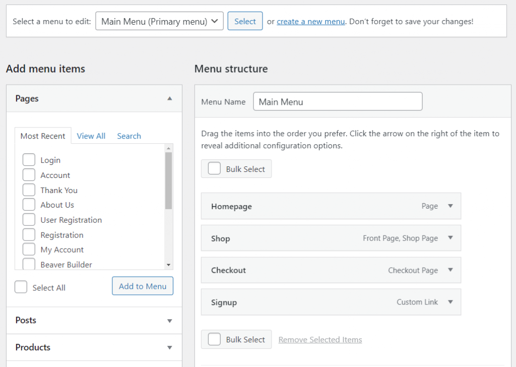Adding menu items and changing the menu structure of the newly created custom menu in WordPress