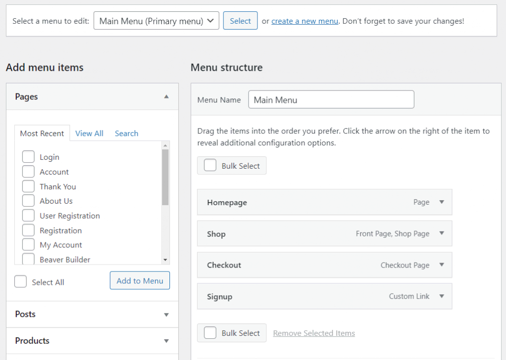 Menu structure of the newly created custom menu in WordPress