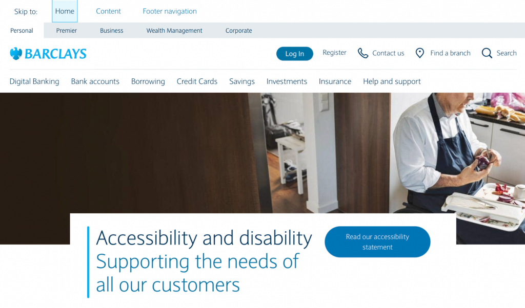 Barclays.com, an example of a well-thought-out website design with accessibility features in mind