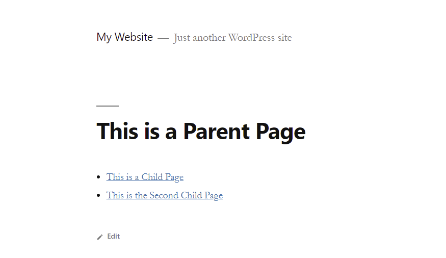 An example of how a list of child pages appears in WordPress