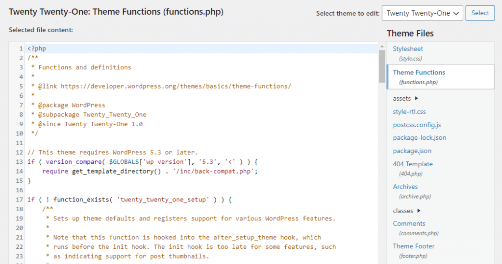 An open functions.php file in WordPress