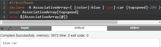 Bash script showcasing unset command for associative arrays, which is used to remove an element from the array
