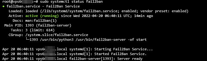 顯示 Fail2Ban 狀態(tài)處于活動狀態(tài)的終端輸出