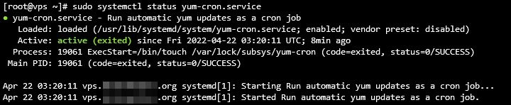 Terminal showing a VPS' yum-cron service status