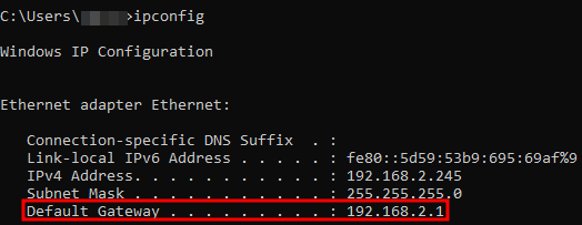 Command prompt ipconfig command output showing the default router