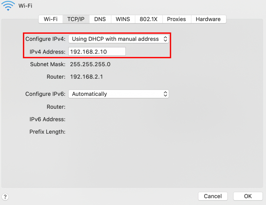 Configuration for static IP address on macOS