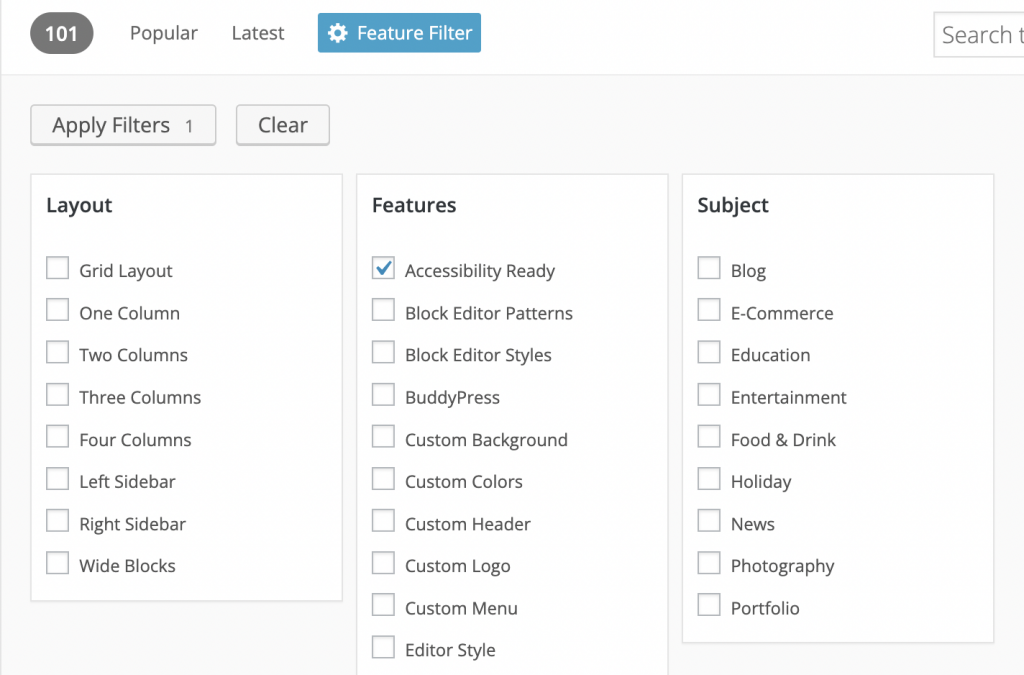Different filter options in the WordPress Theme Directory with Accessibility Ready option selected