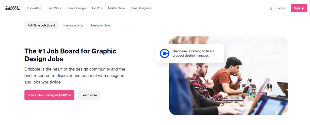 Dribble Jobs landing page, an online job portal for creatives