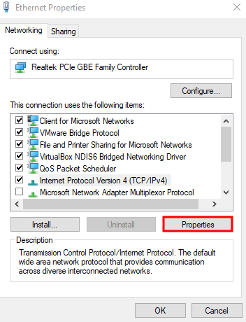 Ethernet properties for Windows operating system