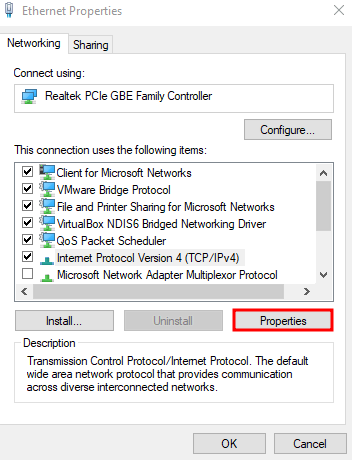 Ethernet properties menu for Windows operating system with "properties" button highlighted