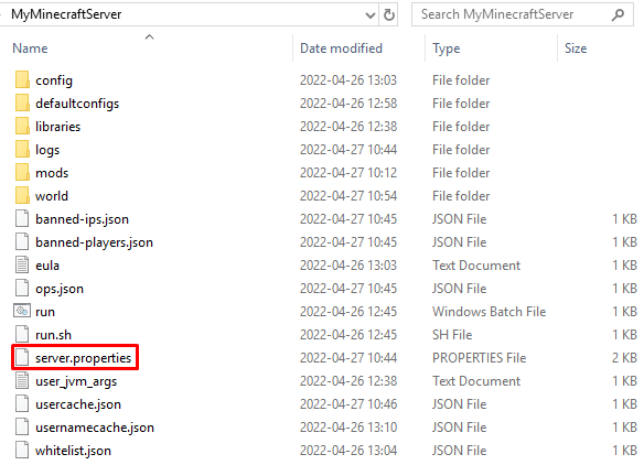 Windows local Minecraft installation folder in file explorer with server.properties file highlighted