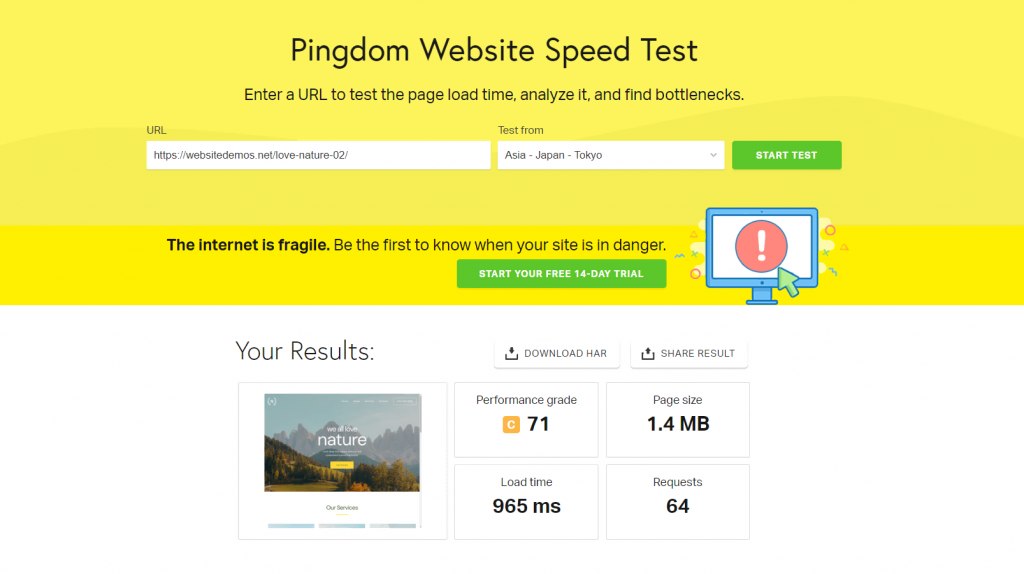 Pingdom speed test tool to check a demo site's performance grade, page size, load time, and number of requests