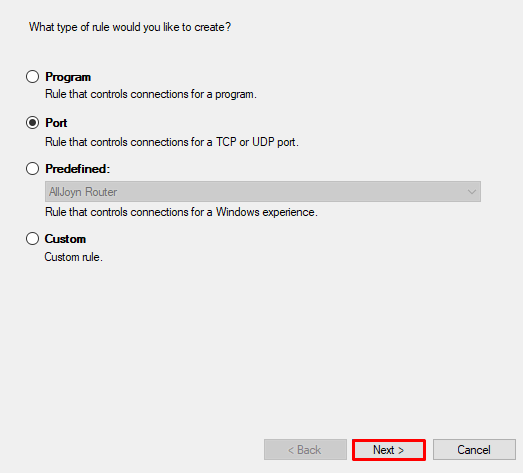 Rule creation window with the Port option selected