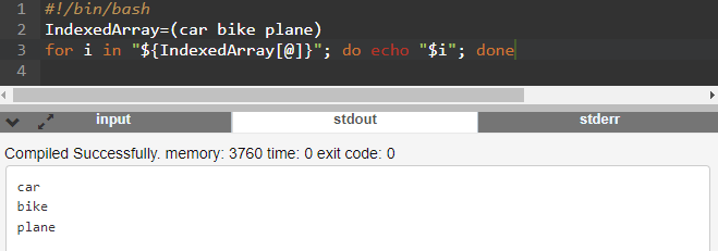 Shell script with a for loop to iterate and print an array