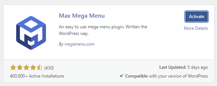 The Max Mega Menu plugin entry in the WordPress plugin directory
