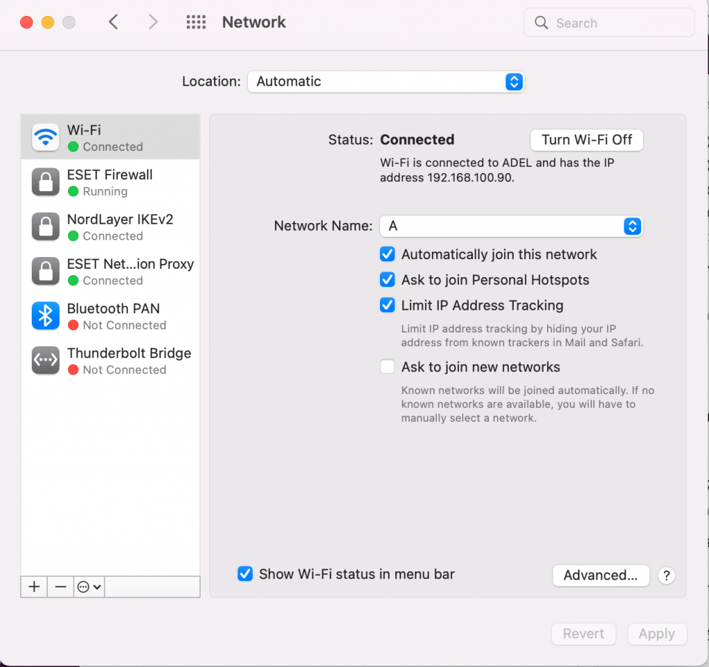 The Network settings menu on macOS