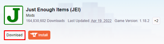 The download page of Just Enough Items, the most popular Minecraft mod