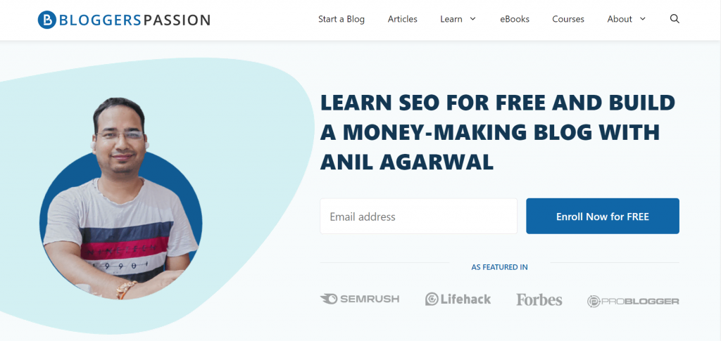 The homepage of Bloggers Passion, an entrepreneurship blog that offers free SEO lessons to build a money-making blog