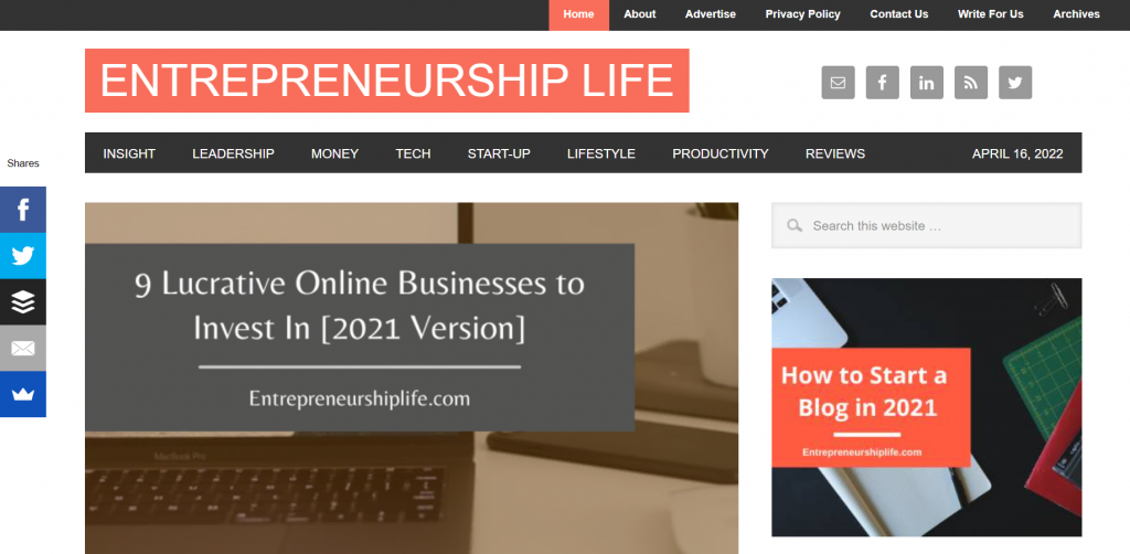 The homepage of Entrepreneurship Life, a blog that offers insights into business case studies