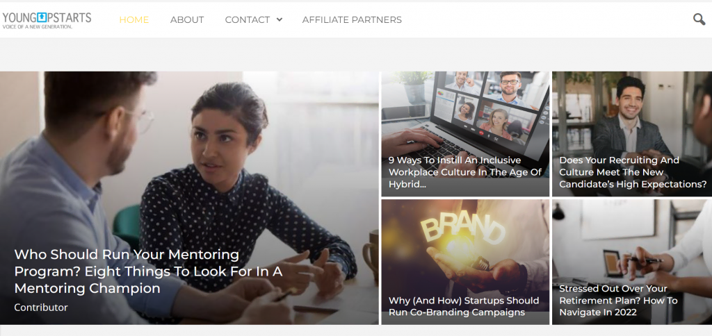 The homepage of Young Upstarts, an entrepreneurship blog that inspires the young generation to build their businesses