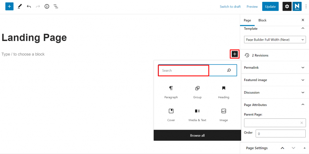 The location of the Search option in the WordPress Gutenberg editor