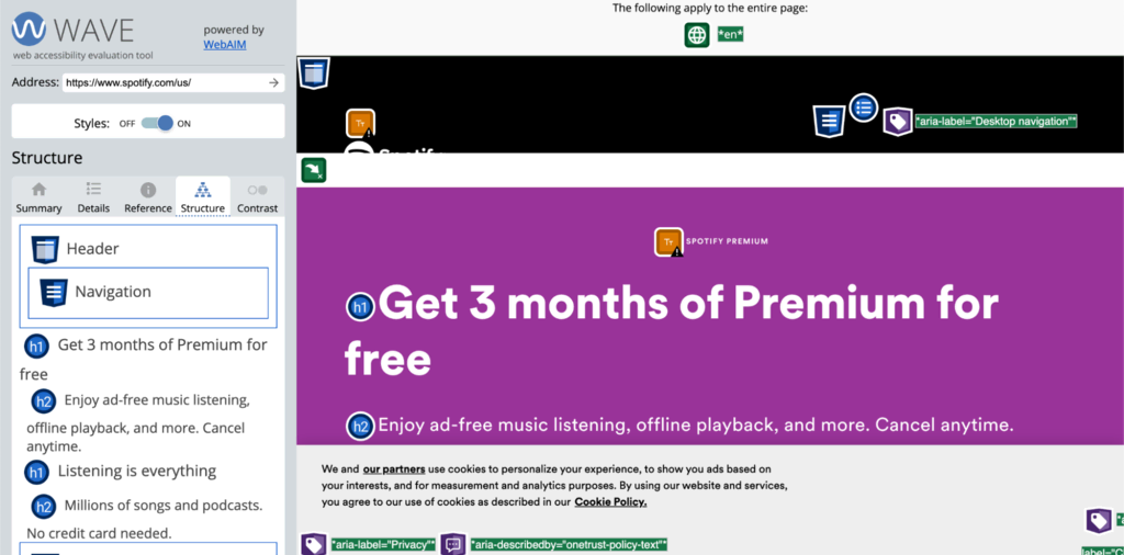 Wave's web accessibility evaluation tool to preview more information about the Spotify website's structure