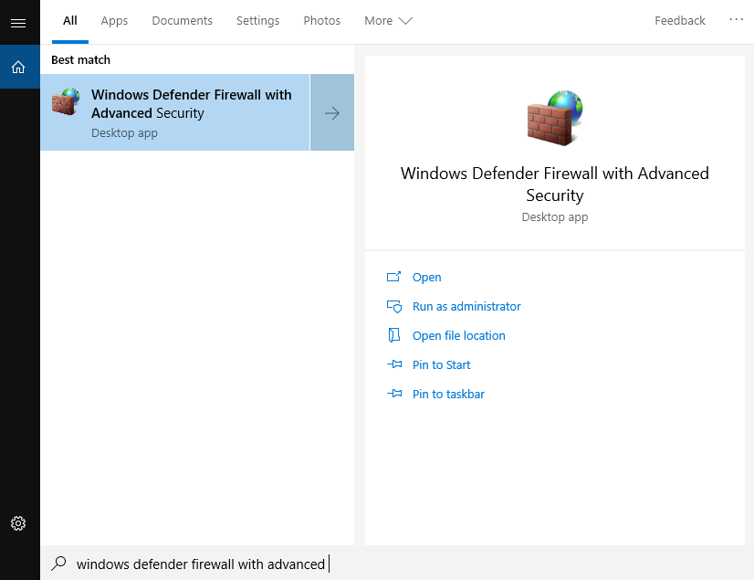 Windows Defender Firewall desktop app, where users can access advanced settings of Windows Defender