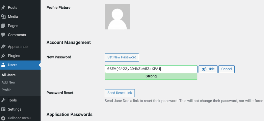 WordPress Account Management window featuring the password generator feature
