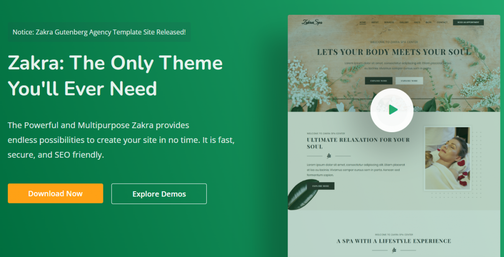 Zakra WordPress theme home page