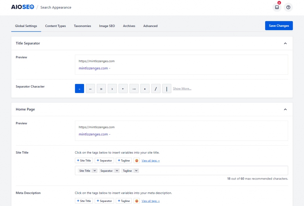 AIOSEO's Search Appearance settings, where you can configure your web pages' meta descriptions and title tags
