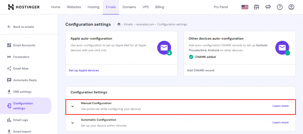 The Configuration settings in hPanel's Email menu with Manual Configuration highlighted