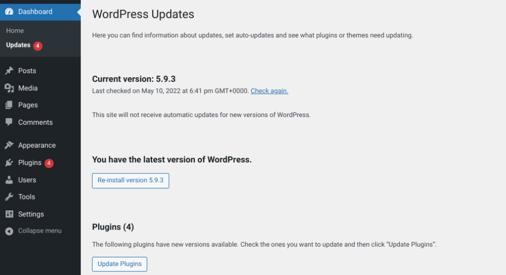 The WordPress Updates page in the Admin Dashboard