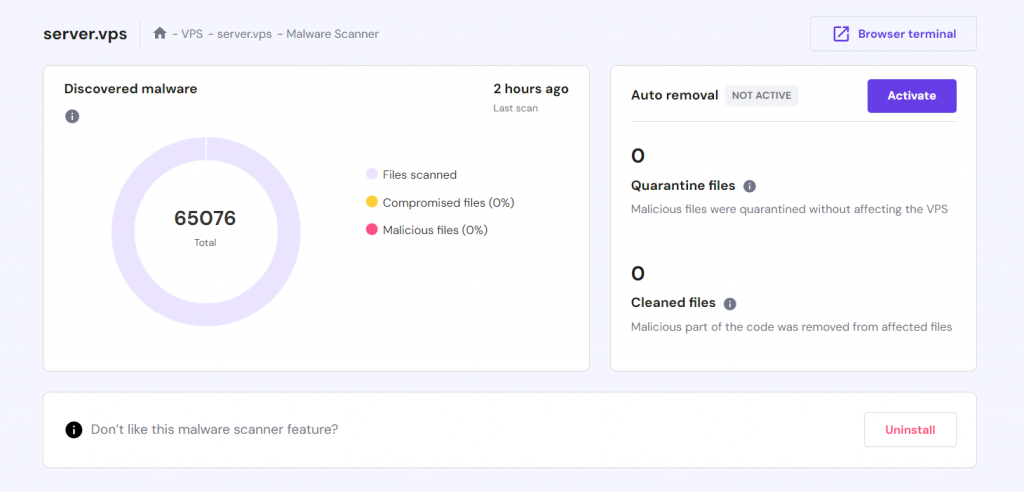 The Monarx malware scanner dashboard in Hostinger's VPS management area