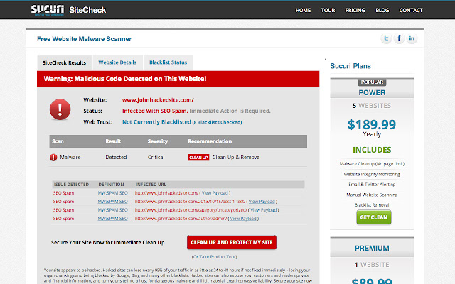 The Sucuri SiteCheck interface showing if a website has malware or a malicious code