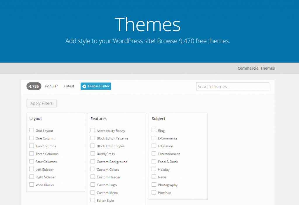 The WordPress directory's filter feature showing three columns – Layout, Features, and Subject