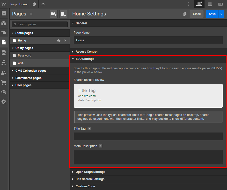 Webflow's SEO settings, which lets users edit the page's title tag and meta description