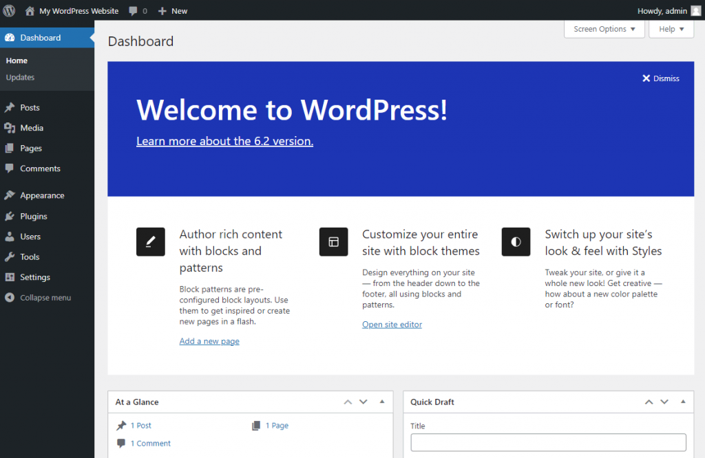 WordPress admin panel, where users can manage their website's pages, media, plugins, themes, and more 