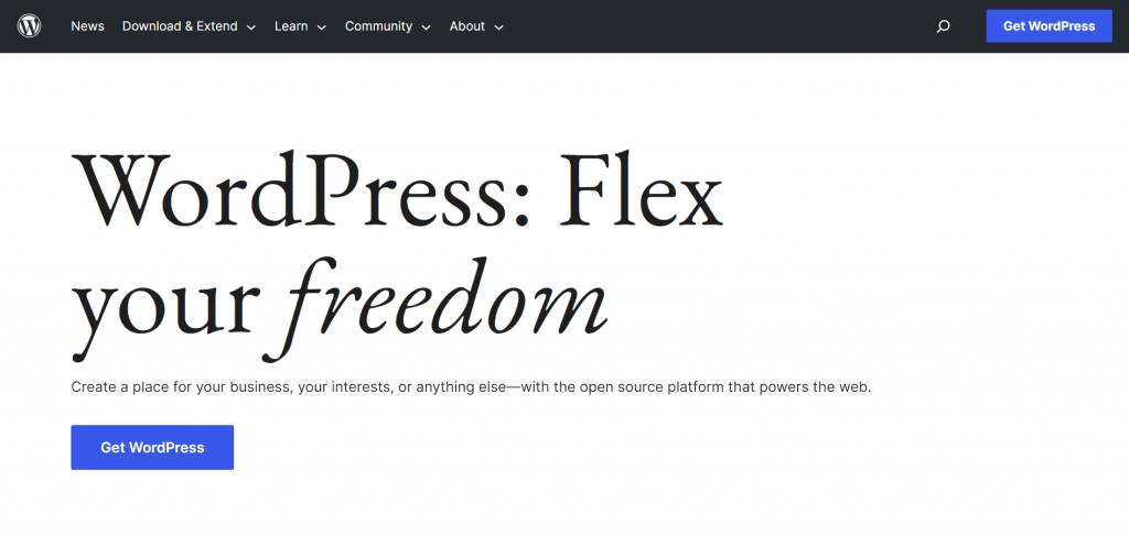 Homepage of WordPress, an open-source content management system