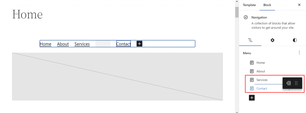The Navigation block settings with the Services and Contact menus highlighted in the Site Editor