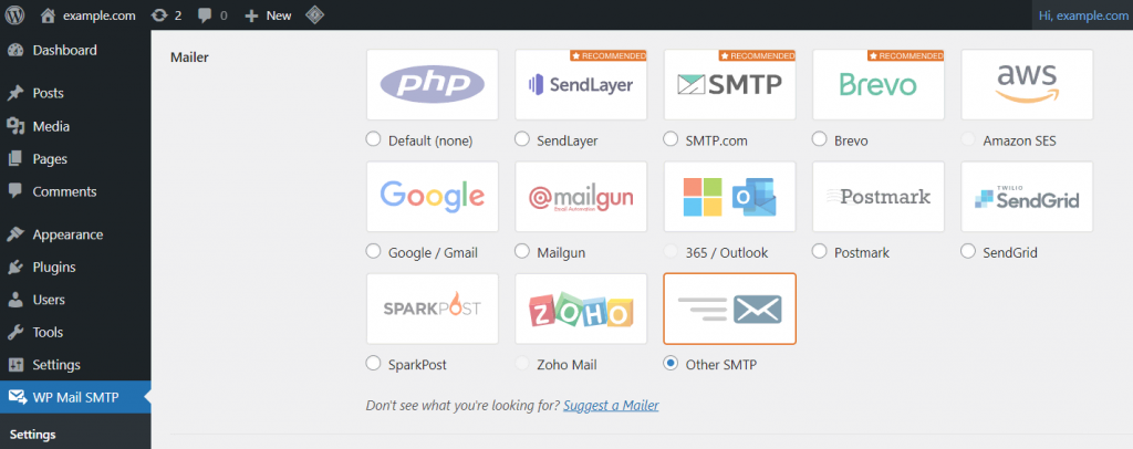 the WP Mail SMTP email client settings on the WordPress dashboard with Other SMTP highlighted