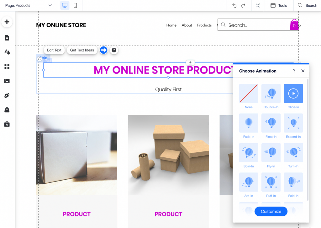 Adding animations to text and images in Wix
