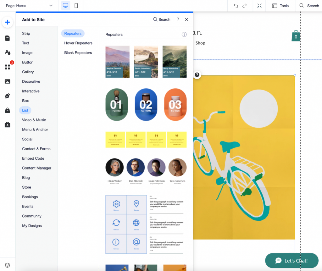 Adding new elements to a site using the Wix drag-and-drop editor