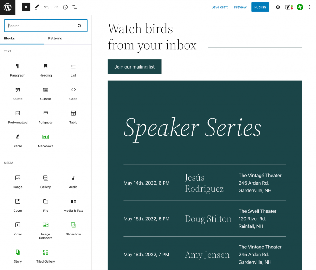 An example of available blocks in WordPress