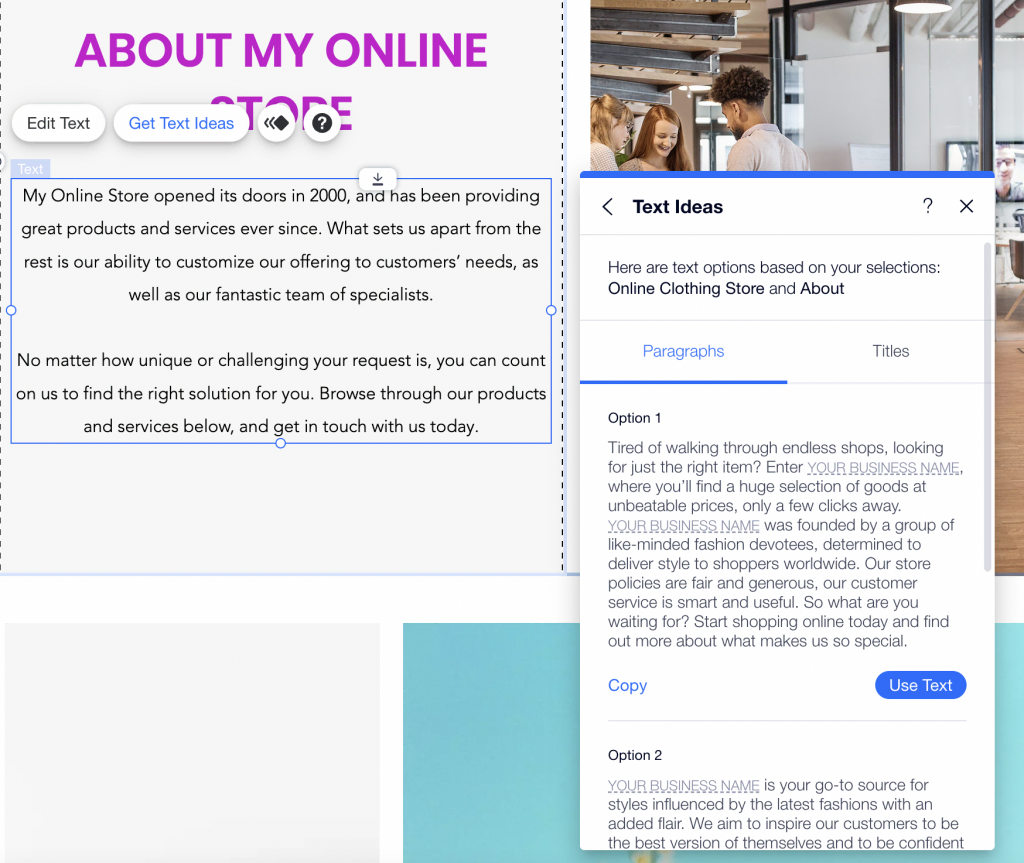 Generating text ideas based on selected settings in Wix