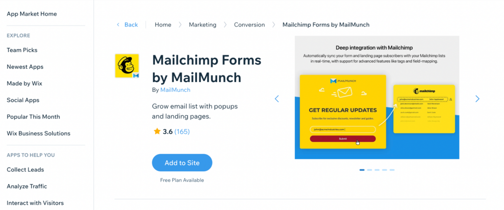 Mailchimp Forms by MailMunch as found in Wix App Market