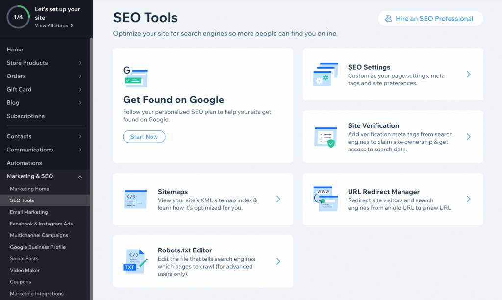 SEO Tools section in Wix showcasing the Get Found on Google feature