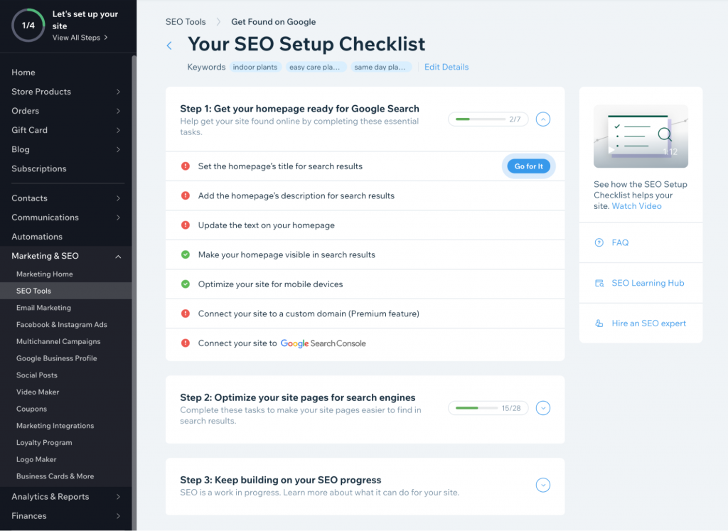Showcasing the Your SEO Setup Checklist feature in Wix